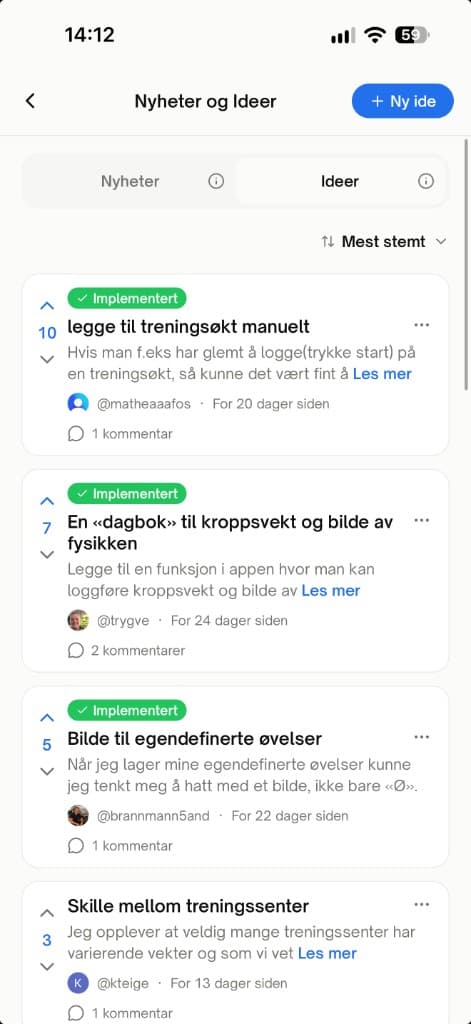 Idésiden i Løft, Nyheter og ideer, med forslag brukerne har stemt på.