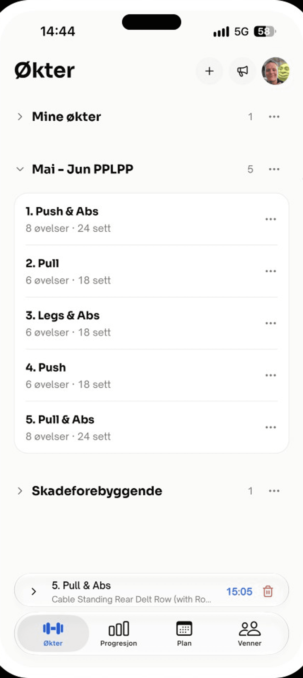 Økter i Løft med treningsprogrammer og øktmaler